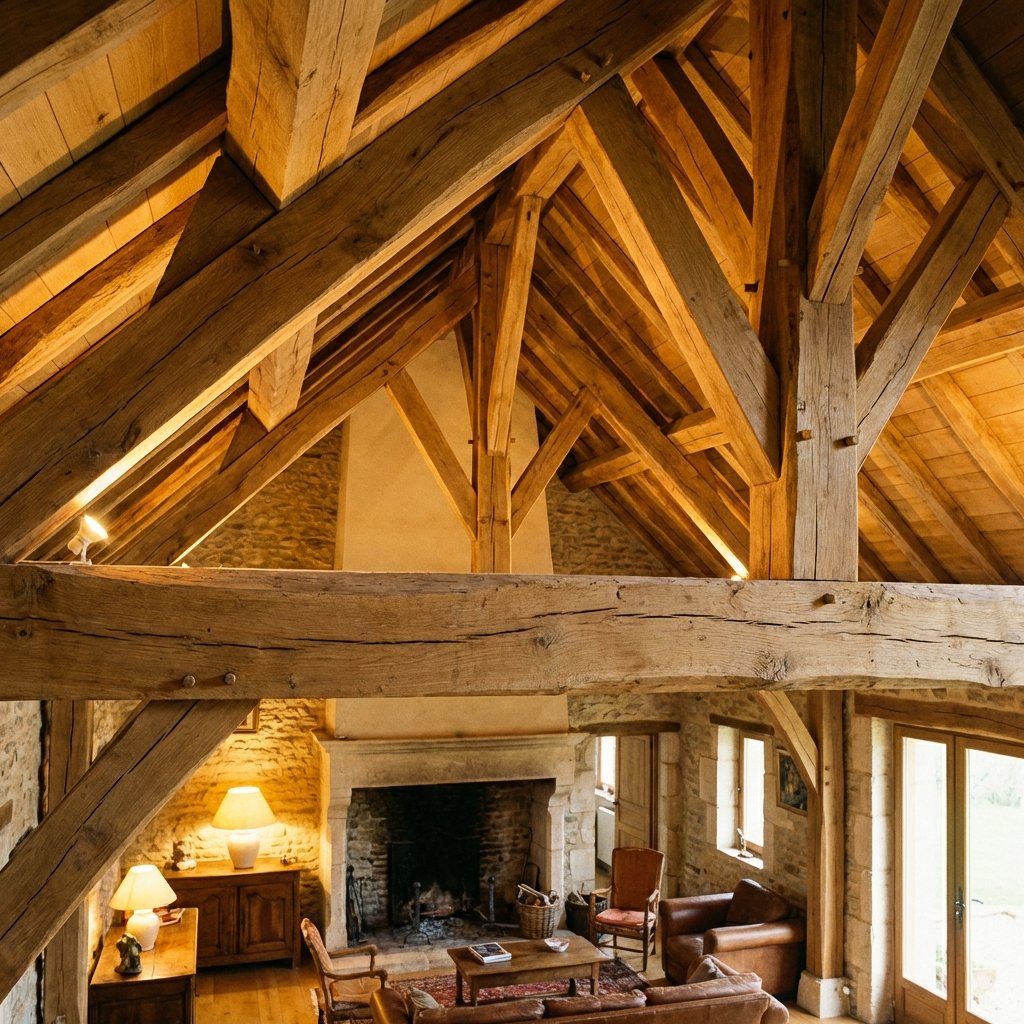 Charpente traditionnelle en chêne avec poutres apparentes