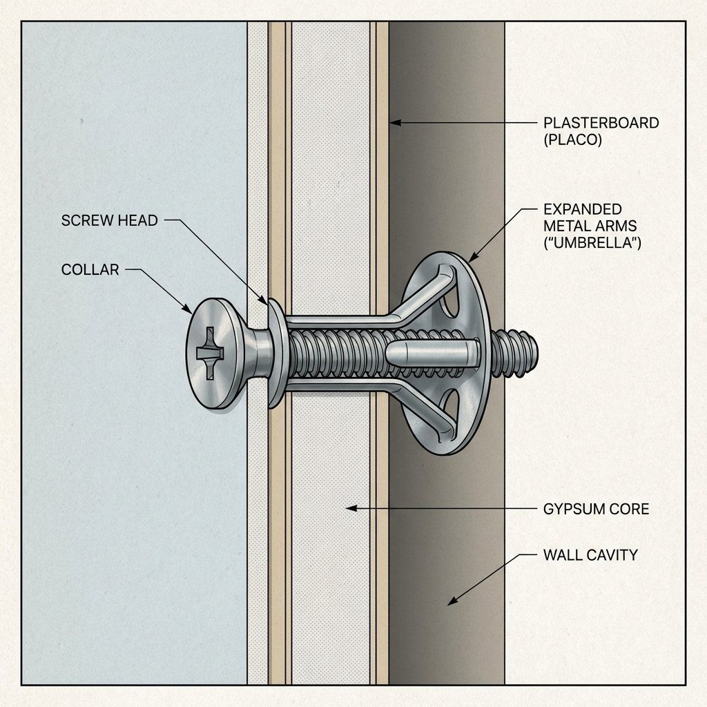 Schéma en coupe d'une cheville Molly expansée derrière une plaque de plâtre