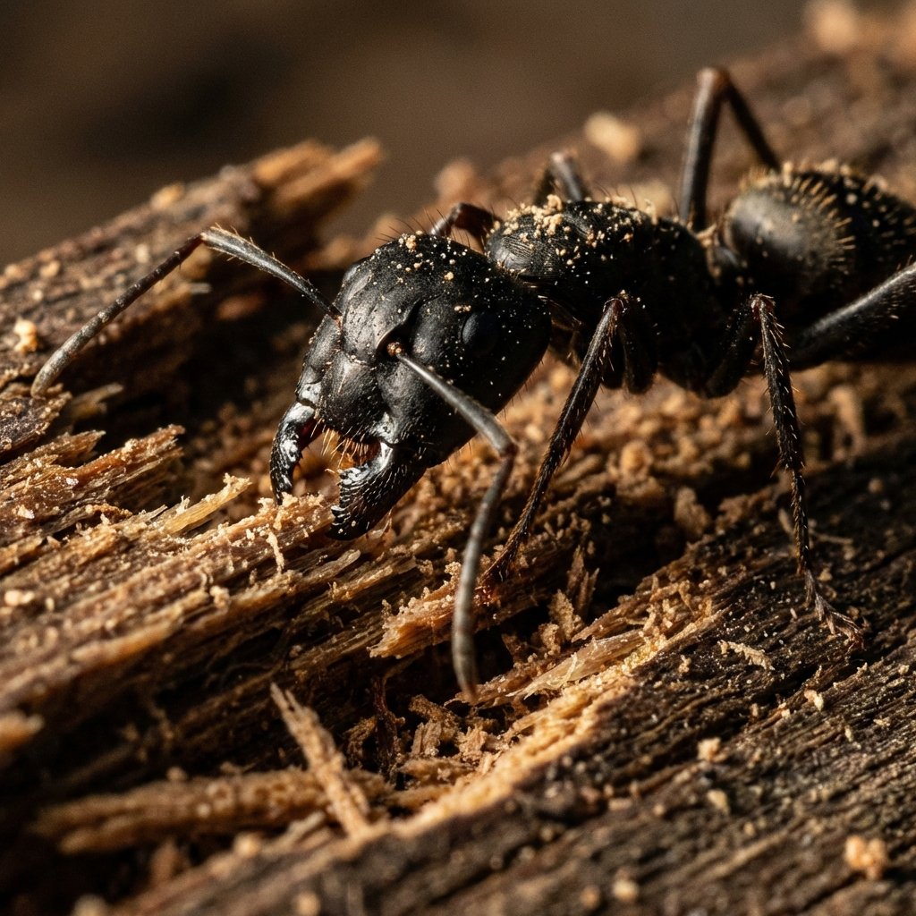 Gros plan sur une fourmi charpentière noire sur du bois endommagé