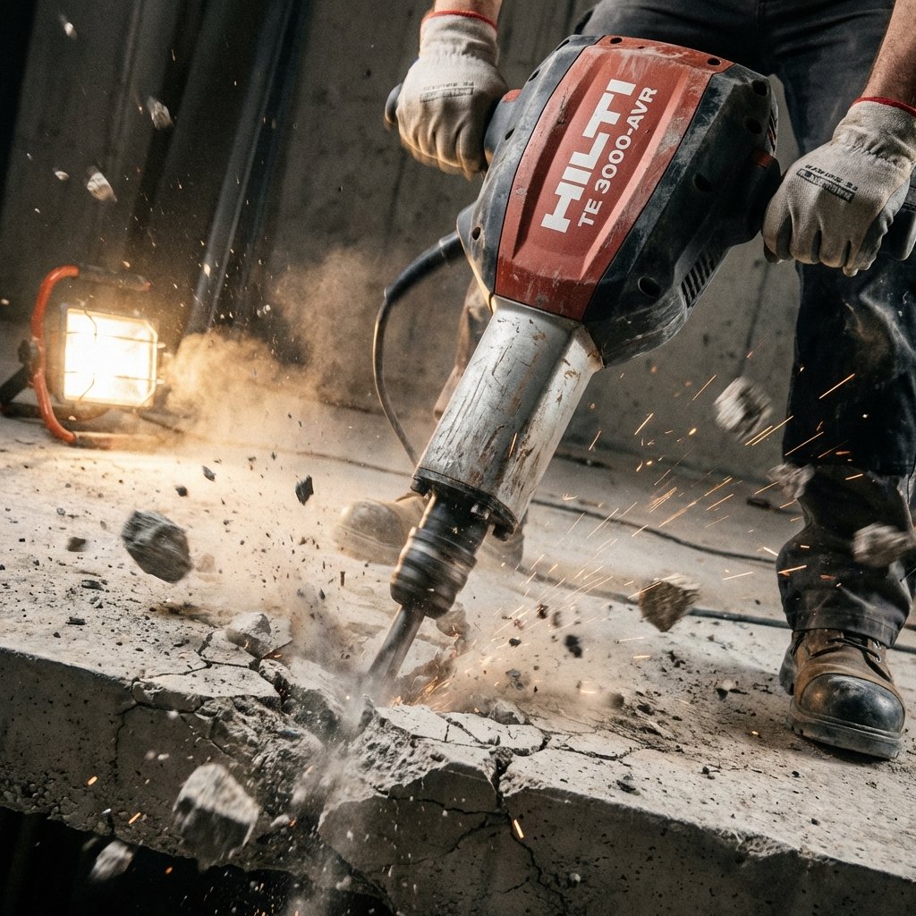 Ouvrier utilisant un marteau piqueur lourd sur une dalle béton