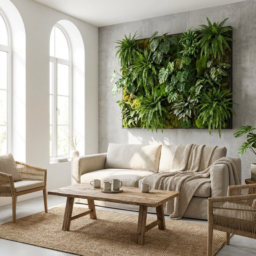 Salon luxe avec grand mur végétal intérieur