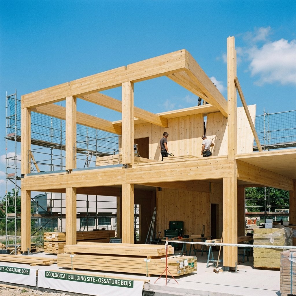 Chantier de construction maison ossature bois avec ciel bleu