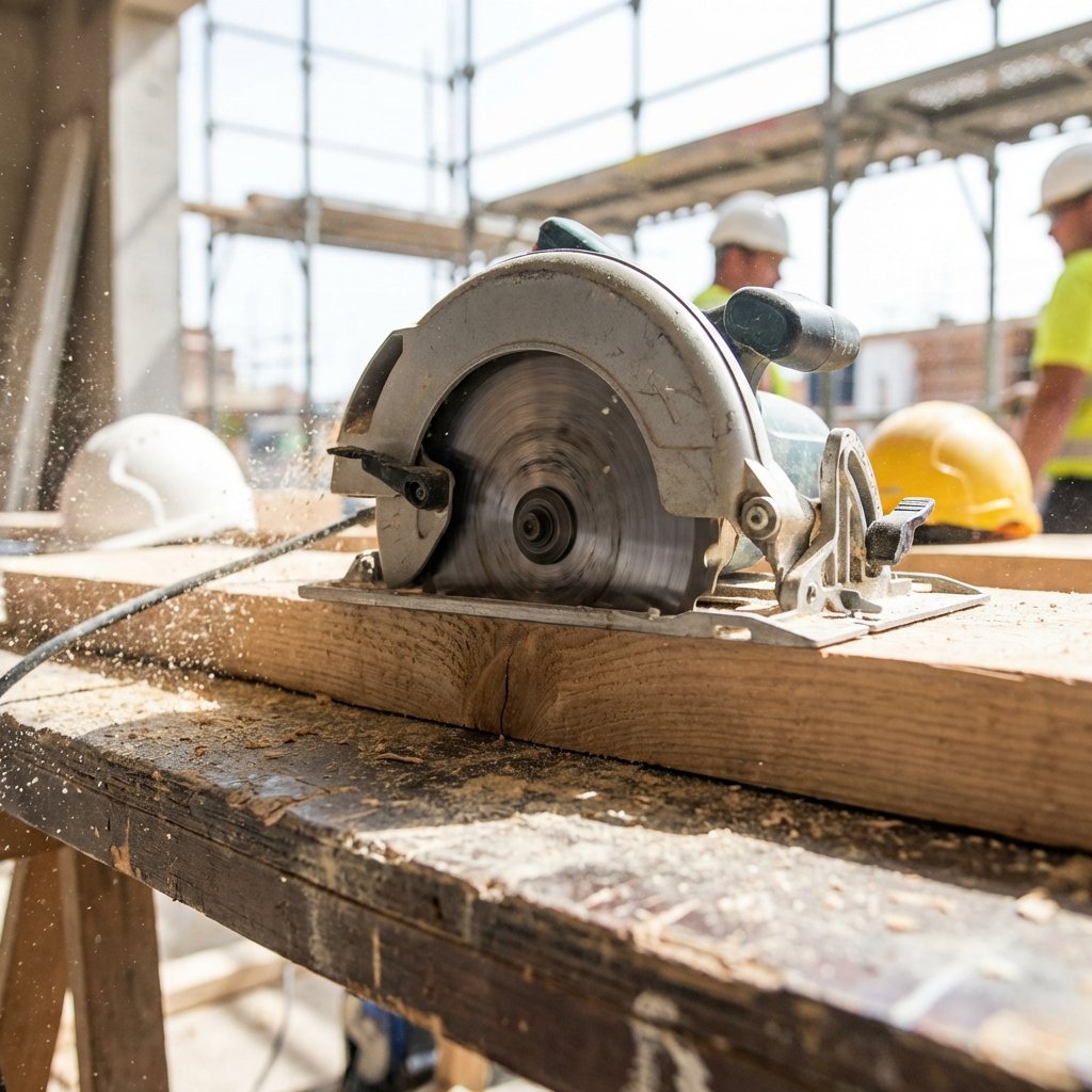 Utilisation d'une scie circulaire sur un chantier